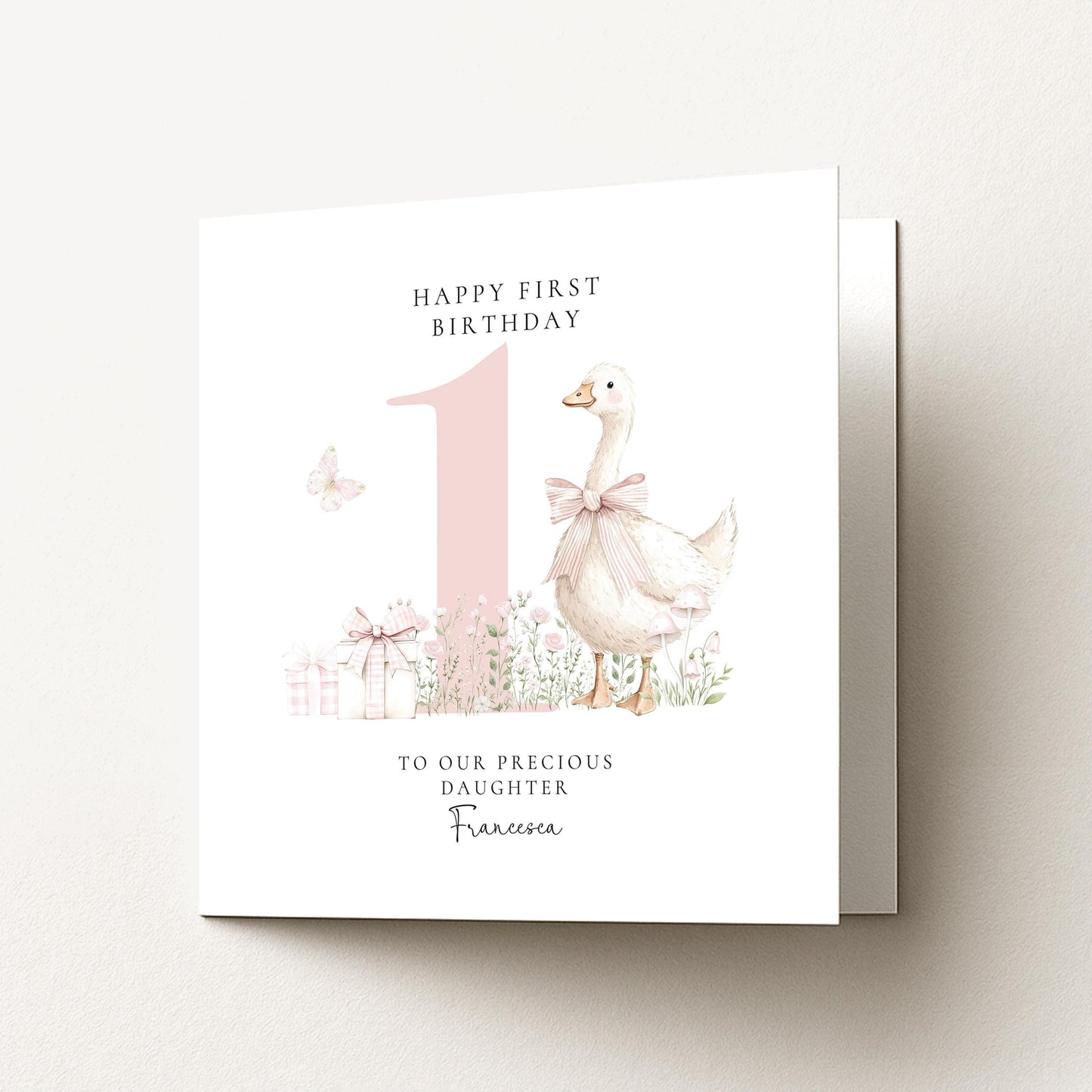 First Birthday Card Daughter – Personalised Pink Floral Keepsake Card with Goose Illustration
