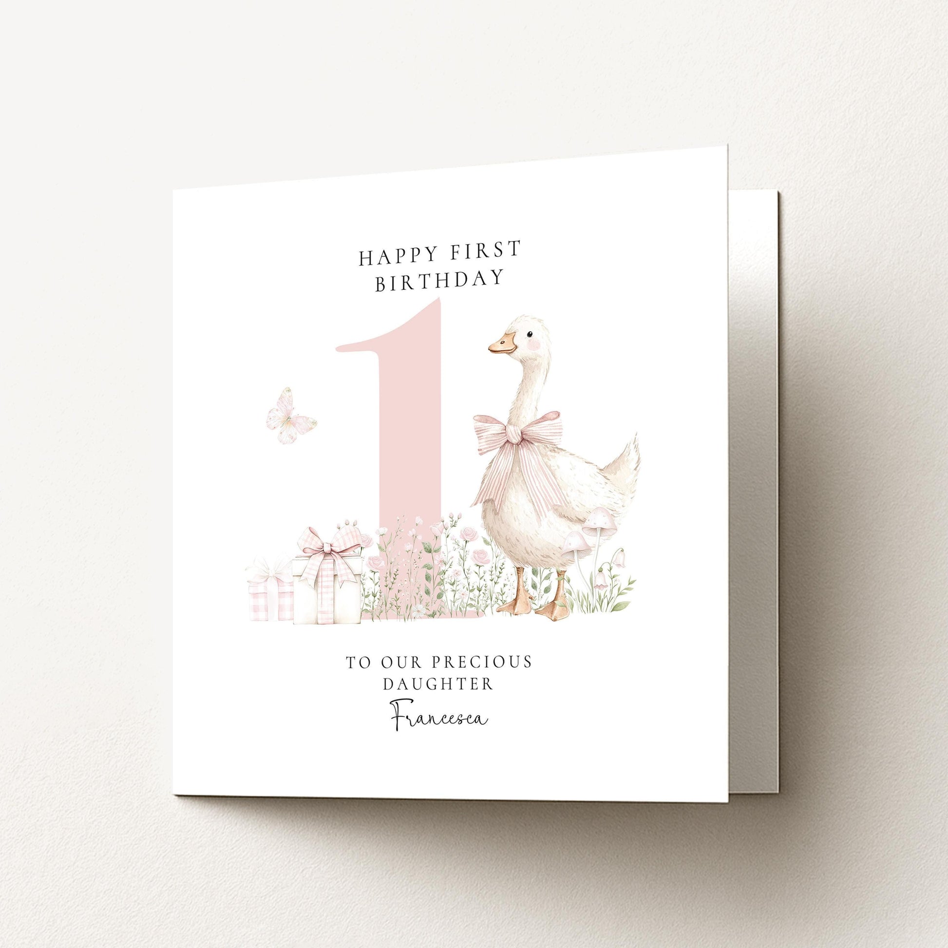 First Birthday Card Daughter – Personalised Pink Floral Keepsake Card with Goose Illustration