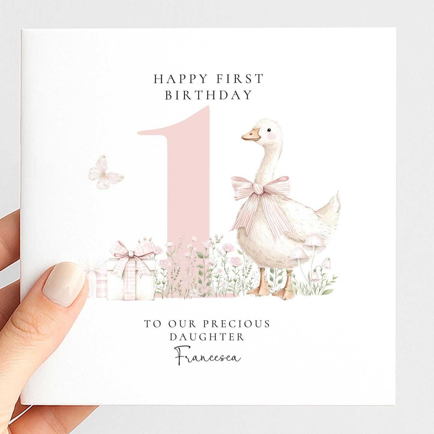 First Birthday Card Daughter – Personalised Pink Floral Keepsake Card with Goose Illustration