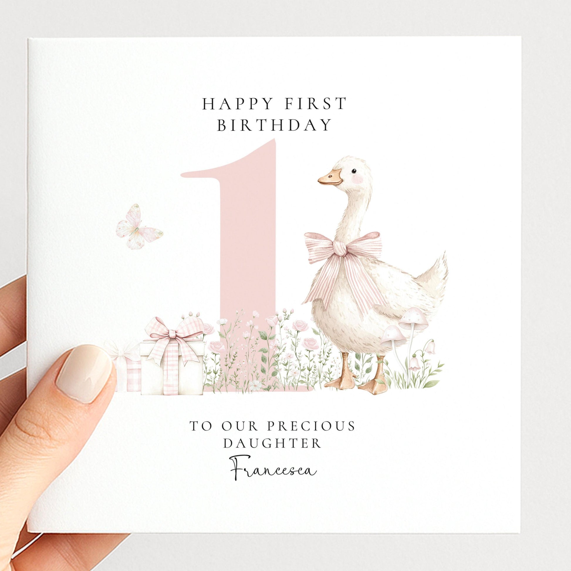 First Birthday Card Daughter – Personalised Pink Floral Keepsake Card with Goose Illustration