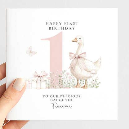 First Birthday Card Daughter – Personalised Pink Floral Keepsake Card with Goose Illustration