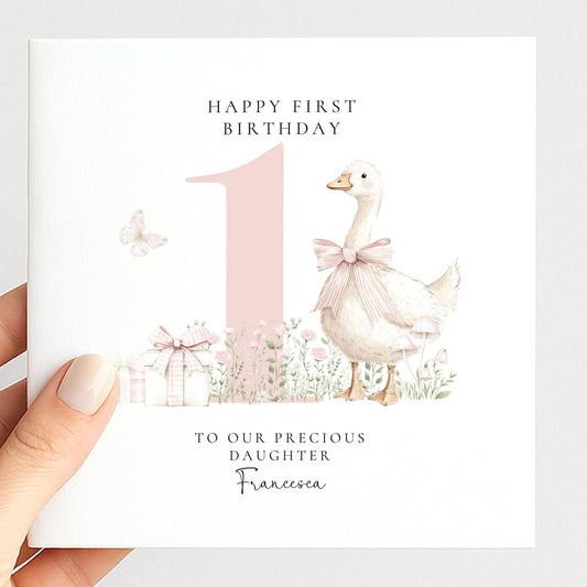 First Birthday Card Daughter – Personalised Pink Floral Keepsake Card with Goose Illustration