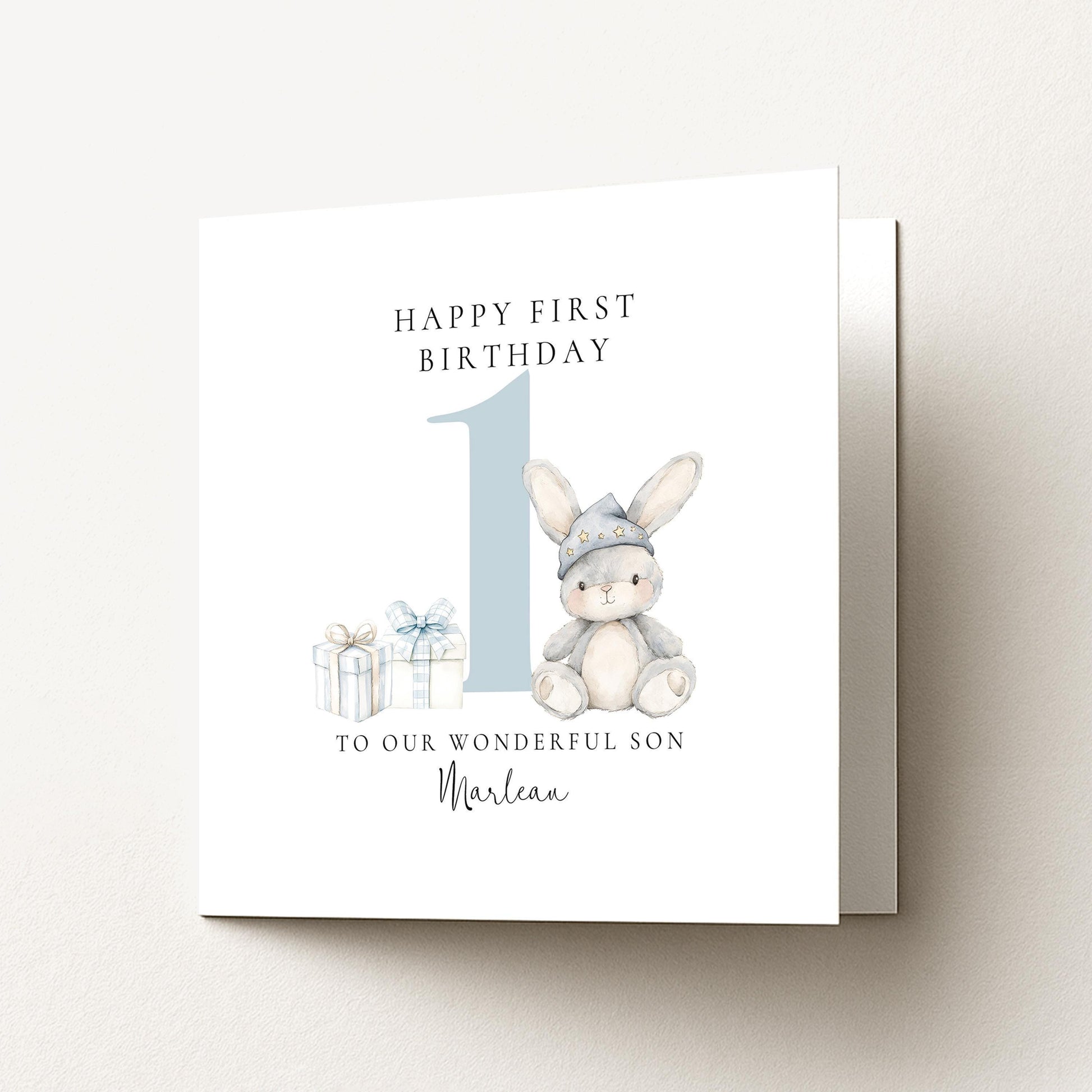 First Birthday Card | Personalised Bunny Card for Grandson - Soft Matte Finish