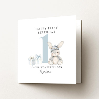 First Birthday Card | Personalised Bunny Card for Grandson - Soft Matte Finish