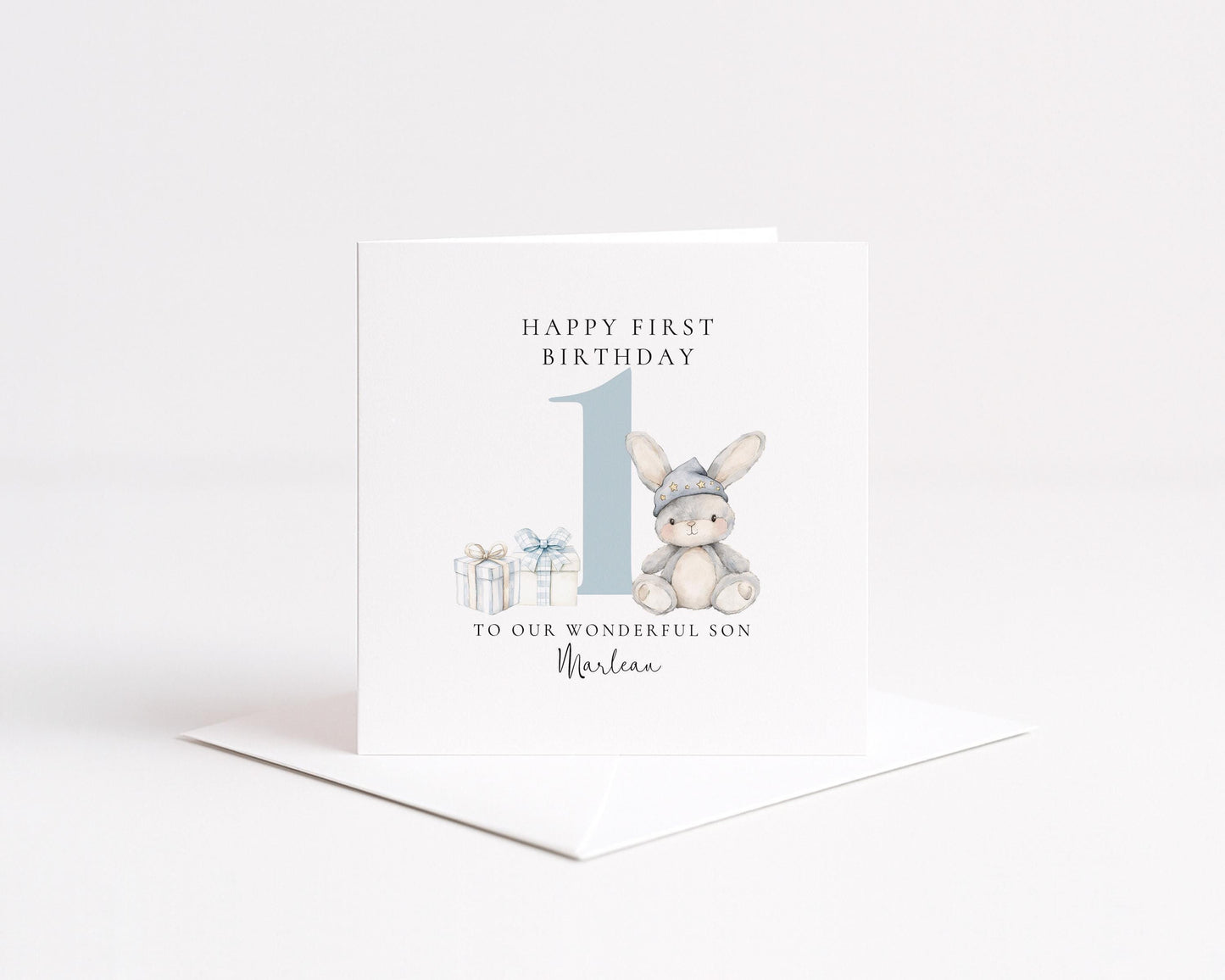 First Birthday Card | Personalised Bunny Card for Grandson - Soft Matte Finish