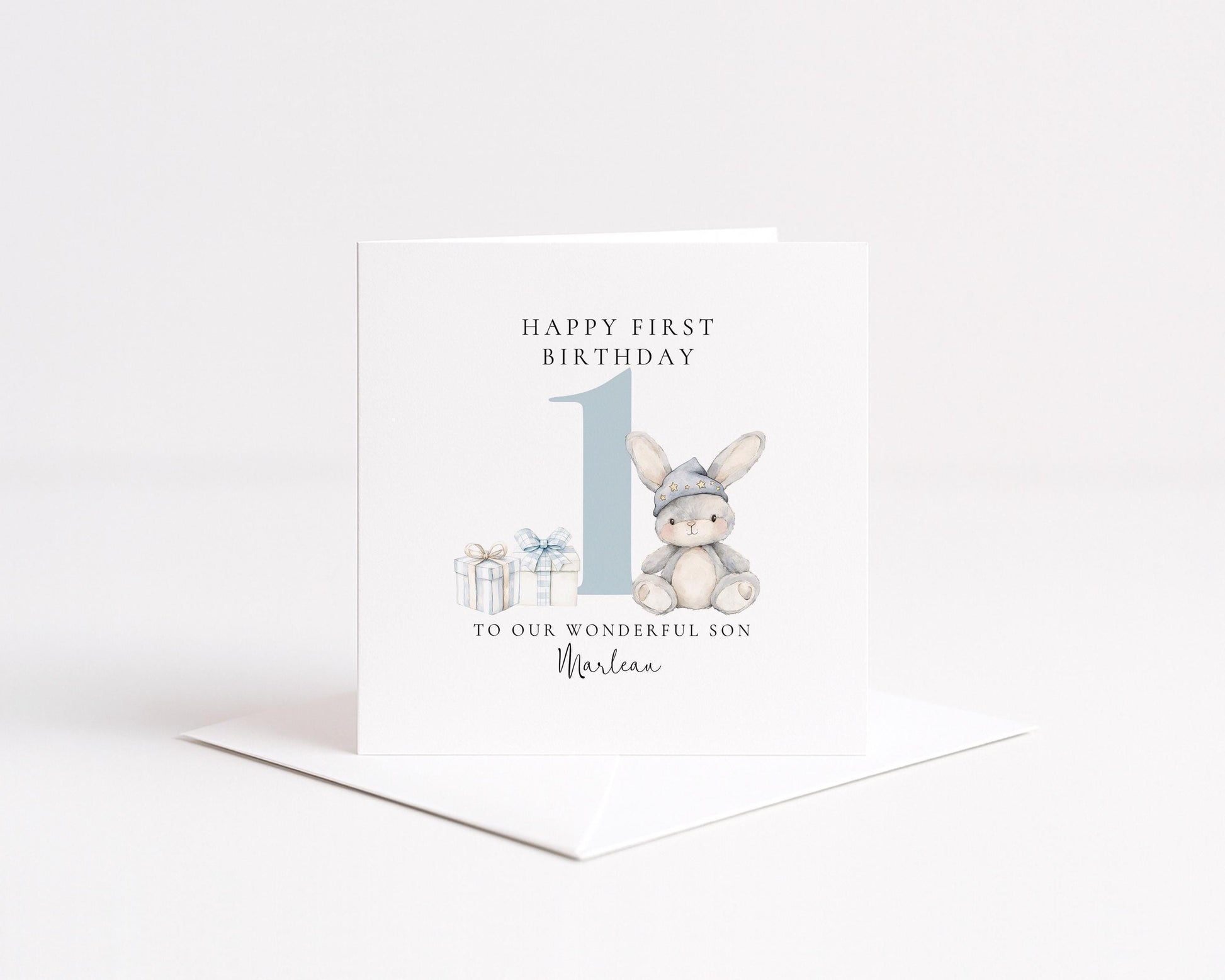 First Birthday Card | Personalised Bunny Card for Grandson - Soft Matte Finish