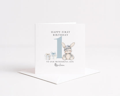 First Birthday Card | Personalised Bunny Card for Grandson - Soft Matte Finish