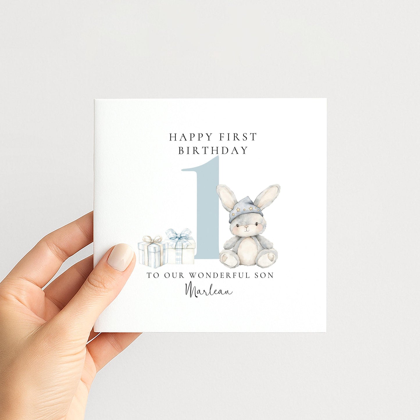 First Birthday Card | Personalised Bunny Card for Grandson - Soft Matte Finish