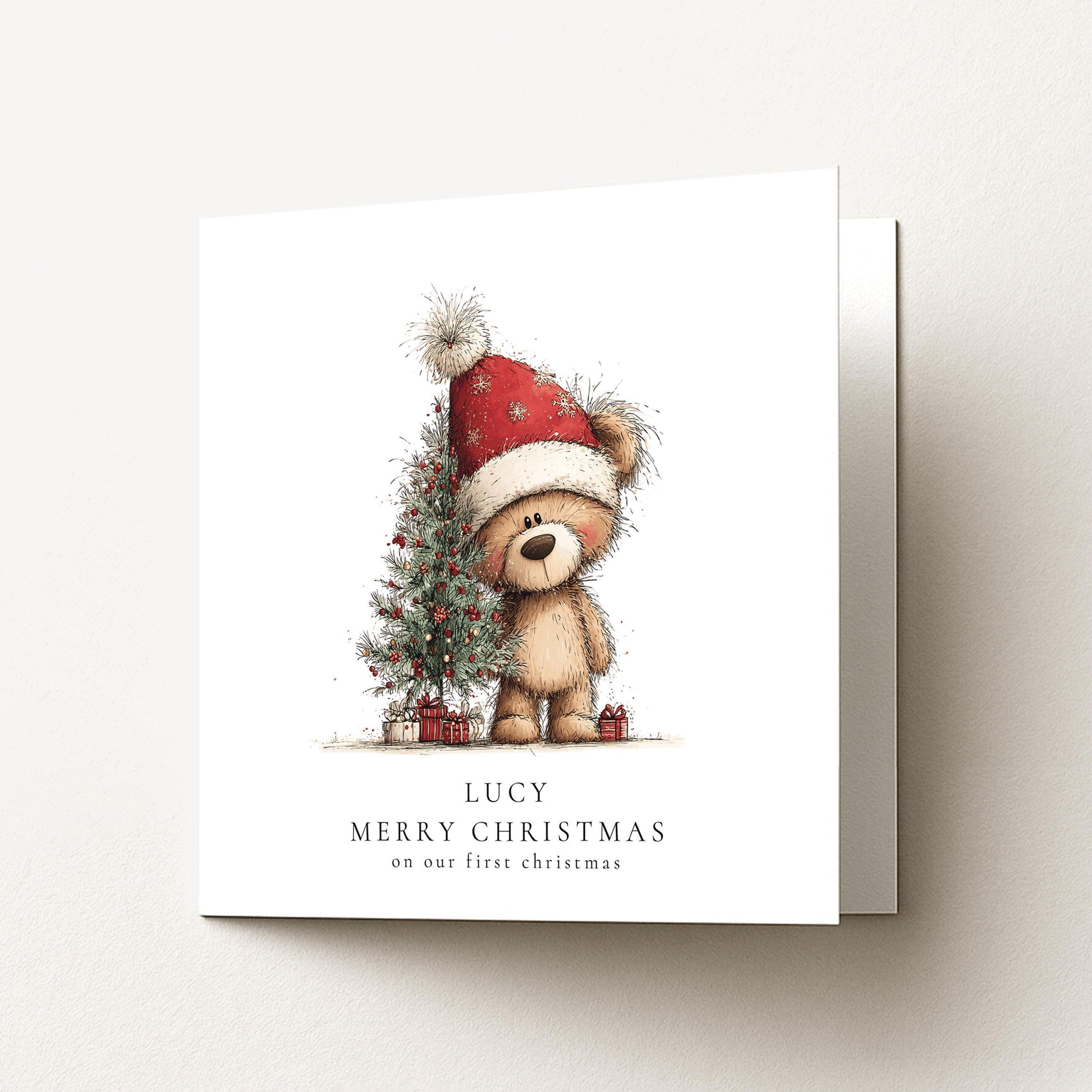 First Christmas Card – Personalised Holiday Bear Illustration With Christmas Tree