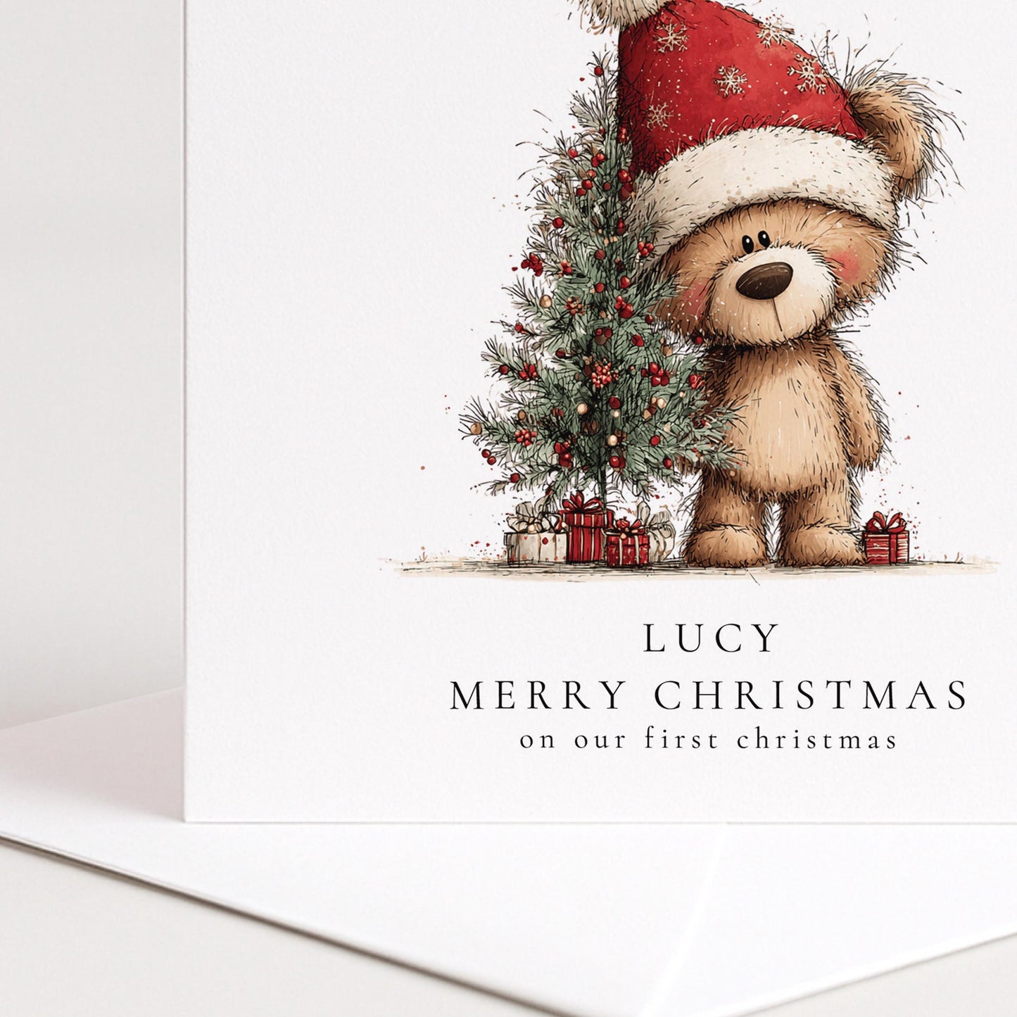 First Christmas Card – Personalised Holiday Bear Illustration With Christmas Tree