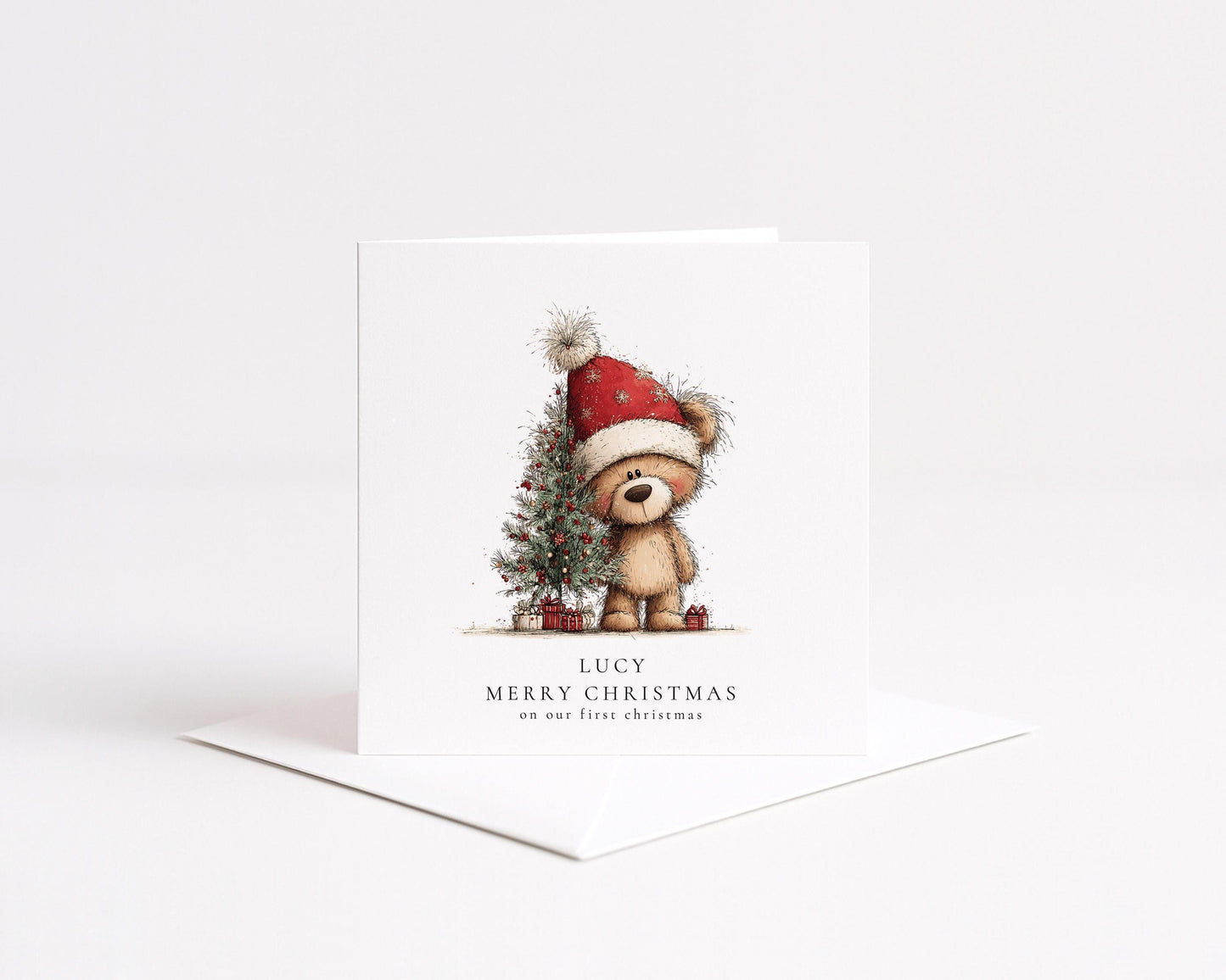 First Christmas Card – Personalised Holiday Bear Illustration With Christmas Tree