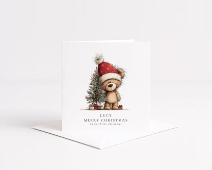 First Christmas Card – Personalised Holiday Bear Illustration With Christmas Tree