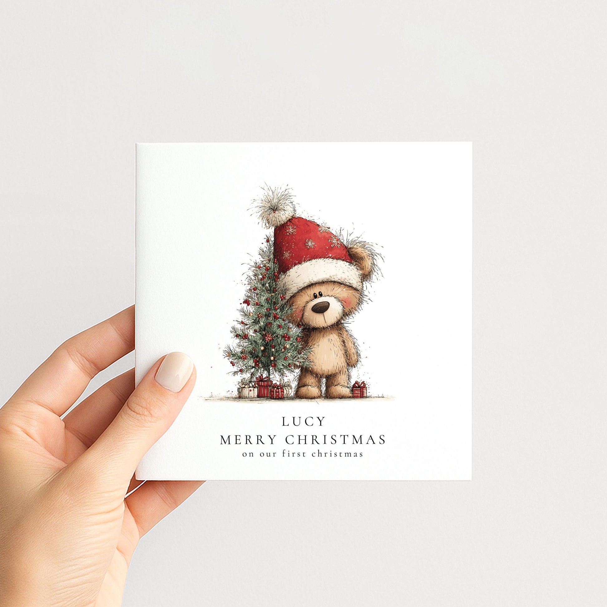 First Christmas Card – Personalised Holiday Bear Illustration With Christmas Tree