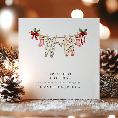 First Christmas Card Twins – Personalised Baby Twins Card With Matching Outfits