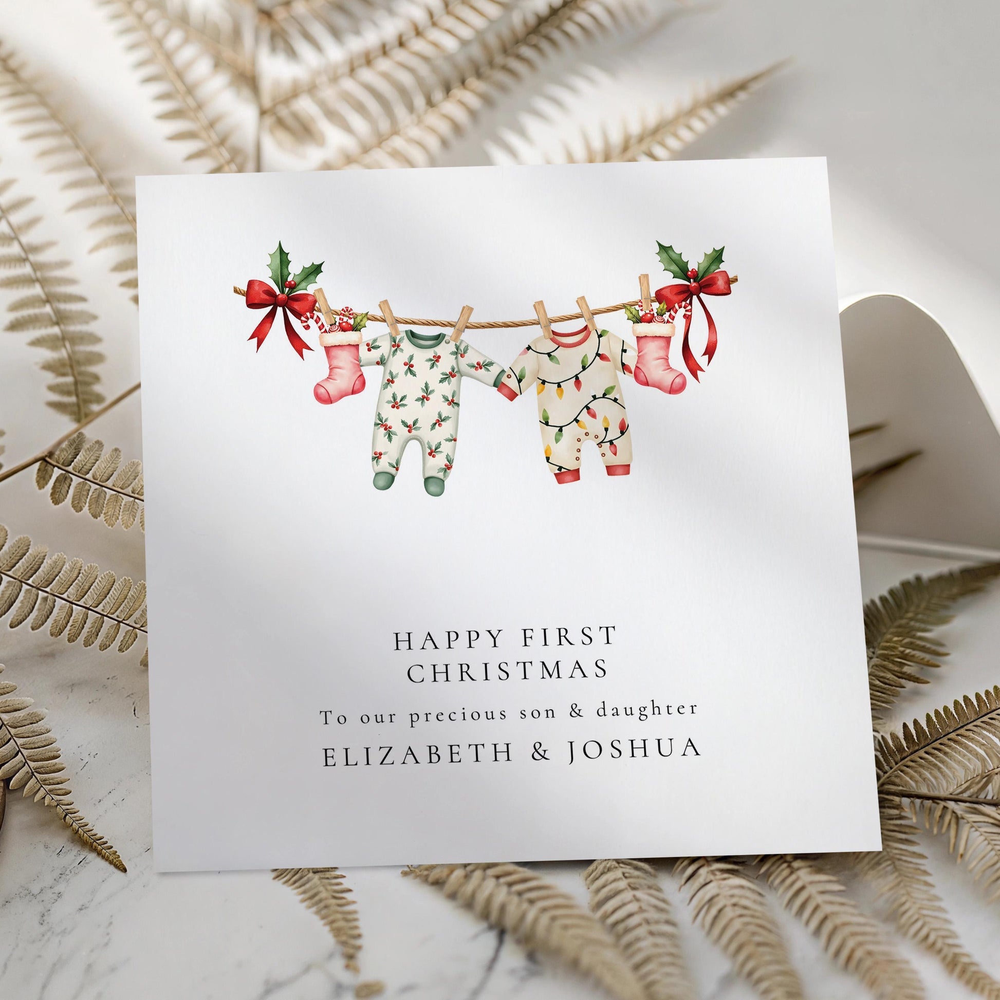 First Christmas Card Twins – Personalised Baby Twins Card With Matching Outfits