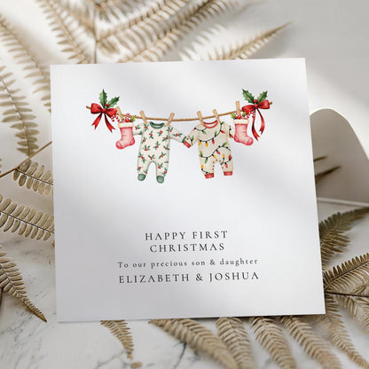 First Christmas Card Twins – Personalised Baby Twins Card With Matching Outfits