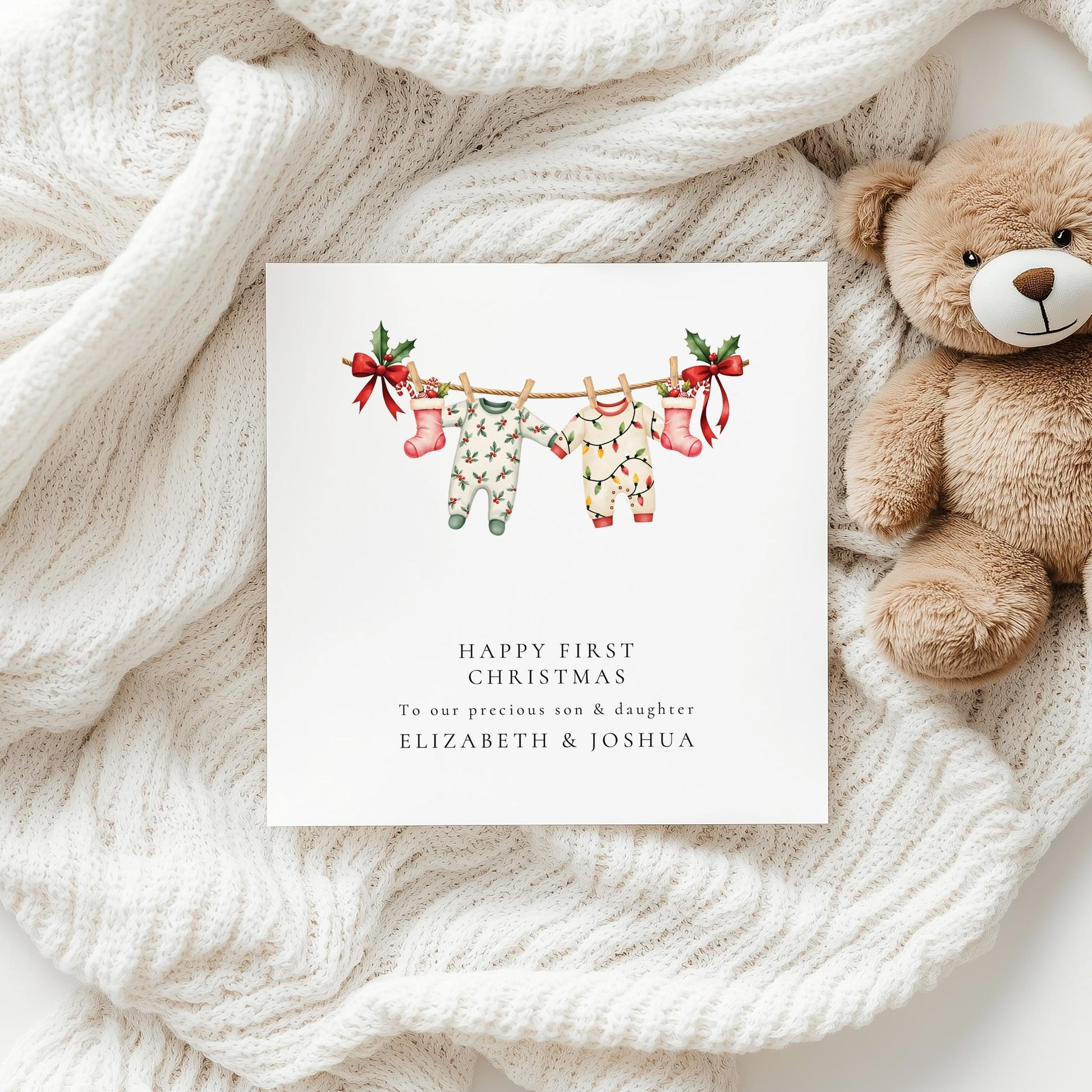 First Christmas Card Twins – Personalised Baby Twins Card With Matching Outfits