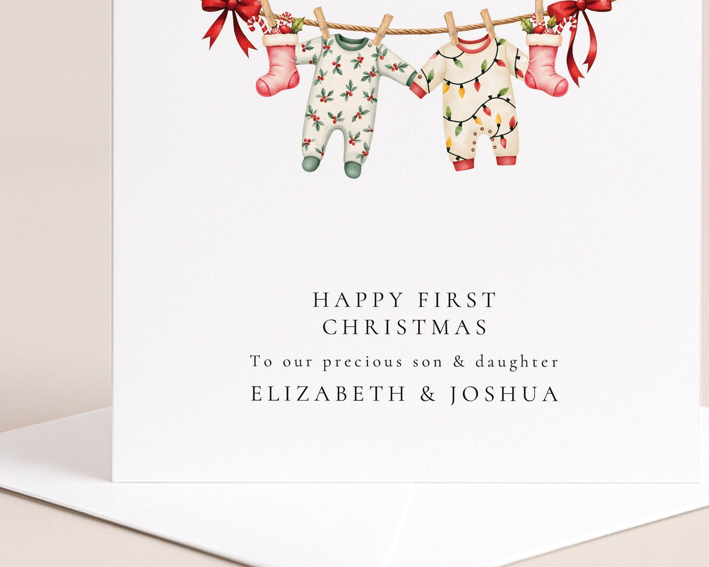 First Christmas Card Twins – Personalised Baby Twins Card With Matching Outfits