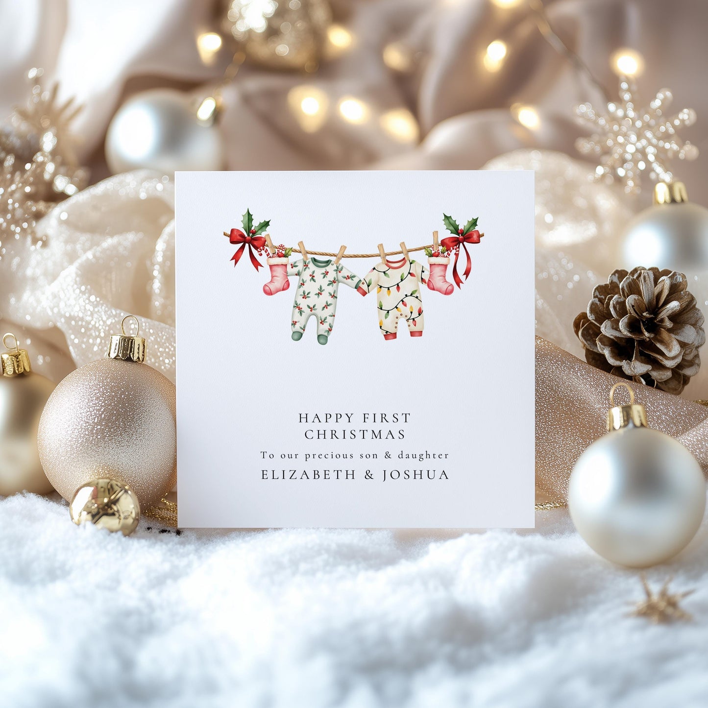 First Christmas Card Twins – Personalised Baby Twins Card With Matching Outfits