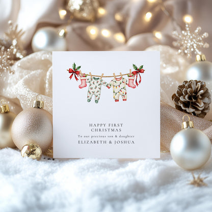 First Christmas Card Twins – Personalised Baby Twins Card With Matching Outfits