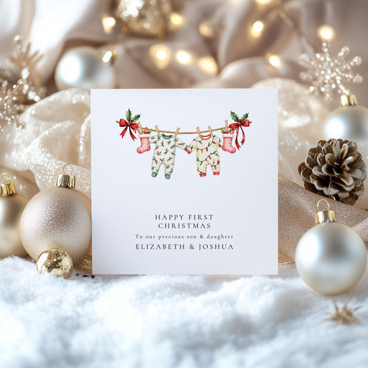 First Christmas Card Twins – Personalised Baby Twins Card With Matching Outfits