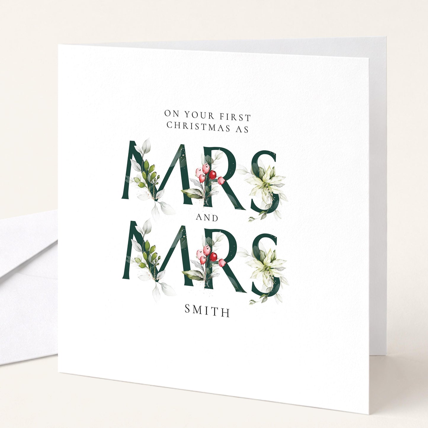 First Christmas Married Card – Elegant Mrs and Mrs Holly Design Holiday Card