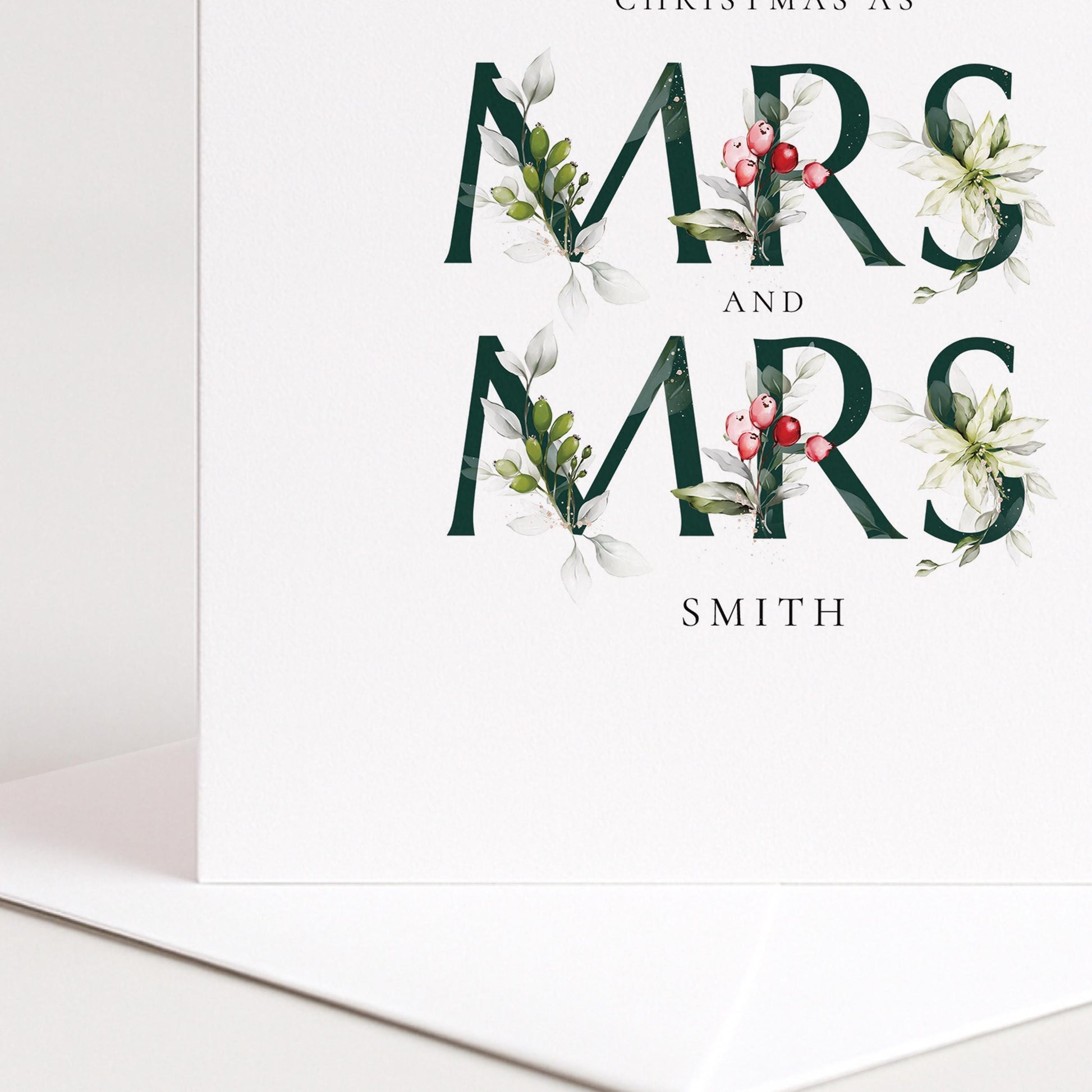 First Christmas Married Card – Elegant Mrs and Mrs Holly Design Holiday Card