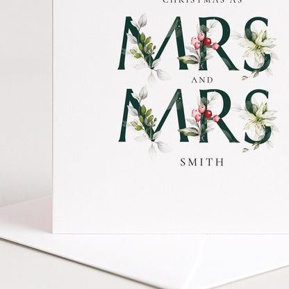 First Christmas Married Card – Elegant Mrs and Mrs Holly Design Holiday Card