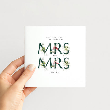 First Christmas Married Card – Elegant Mrs and Mrs Holly Design Holiday Card