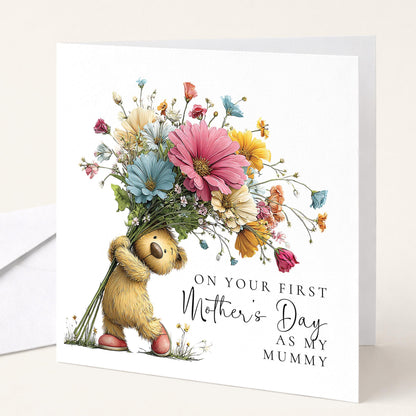 First Mothers Day Card – Baby to Mummy Greeting with Teddy Bear & Floral Bouquet