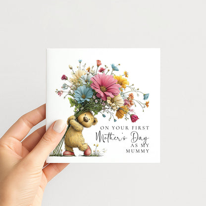 First Mothers Day Card – Baby to Mummy Greeting with Teddy Bear & Floral Bouquet