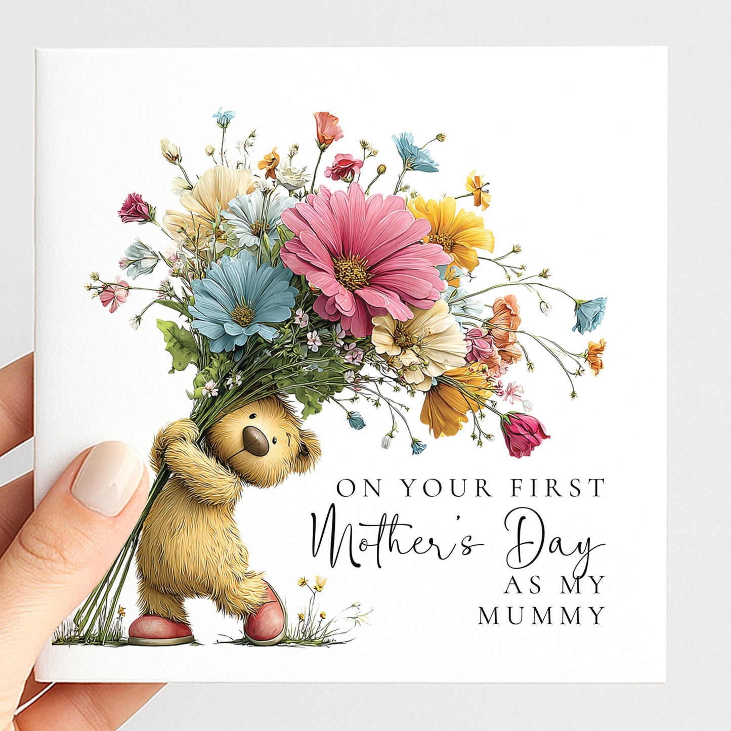 First Mothers Day Card – Baby to Mummy Greeting with Teddy Bear & Floral Bouquet