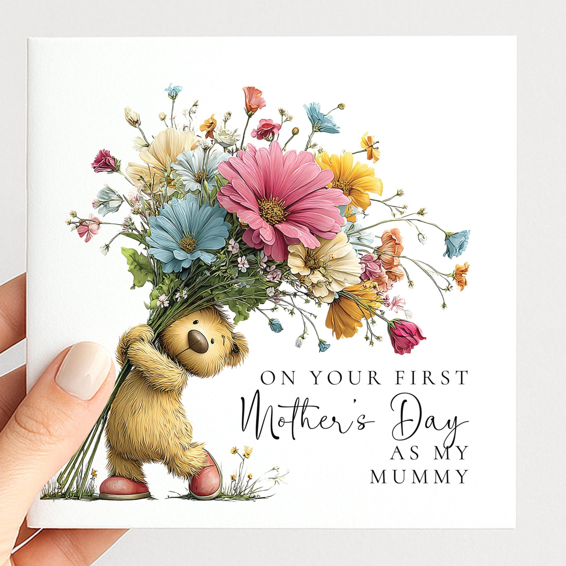 First Mothers Day Card – Baby to Mummy Greeting with Teddy Bear & Floral Bouquet