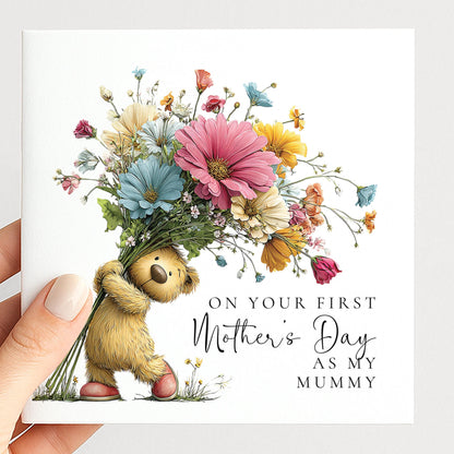 First Mothers Day Card – Baby to Mummy Greeting with Teddy Bear & Floral Bouquet