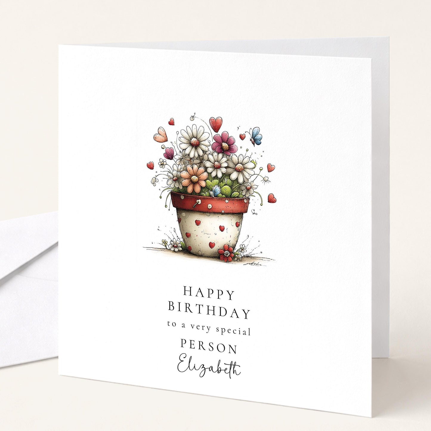 Floral Birthday Card - Personalised Elegant Flower Pot Card With Heart Detail