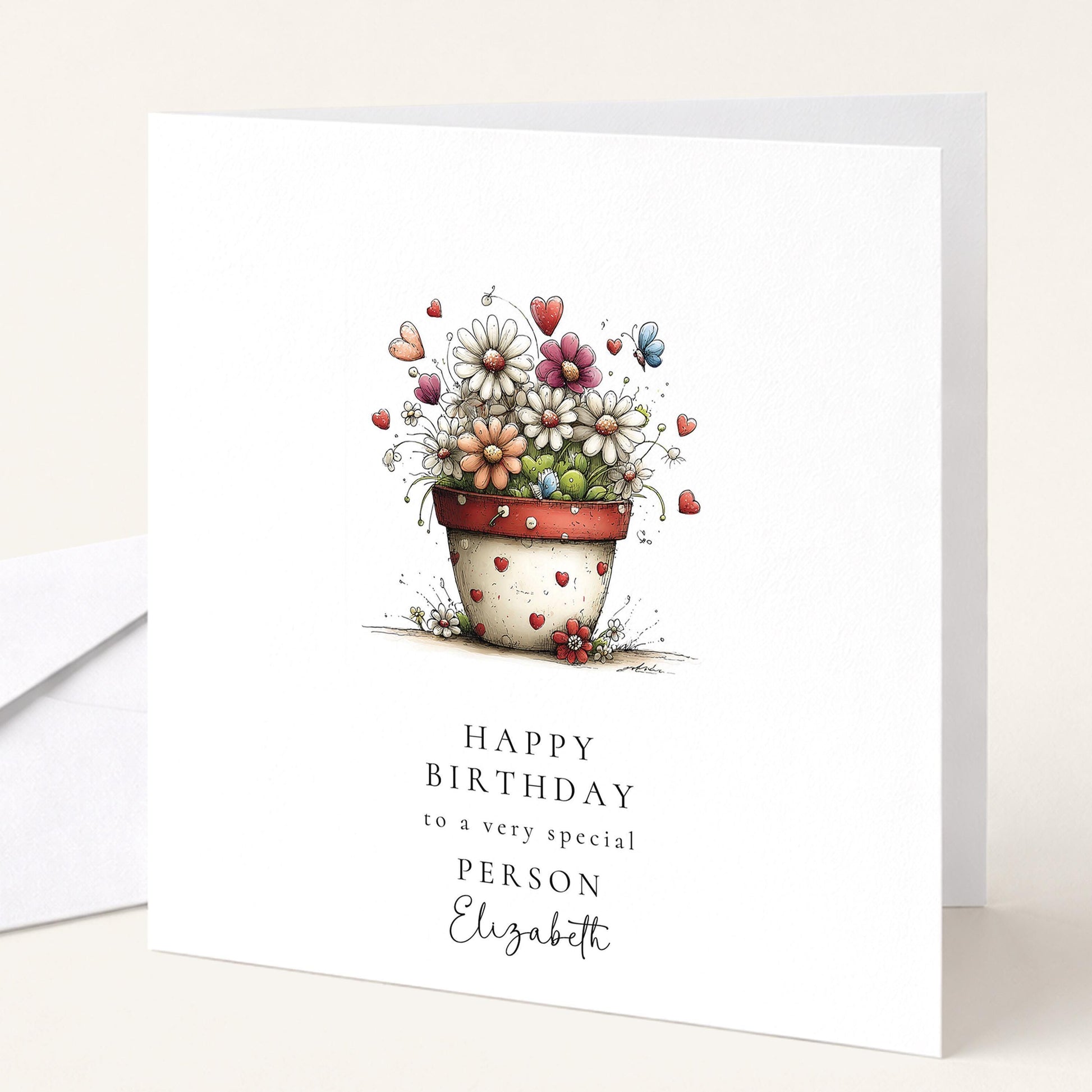 Floral Birthday Card - Personalised Elegant Flower Pot Card With Heart Detail