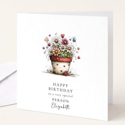 Floral Birthday Card - Personalised Elegant Flower Pot Card With Heart Detail