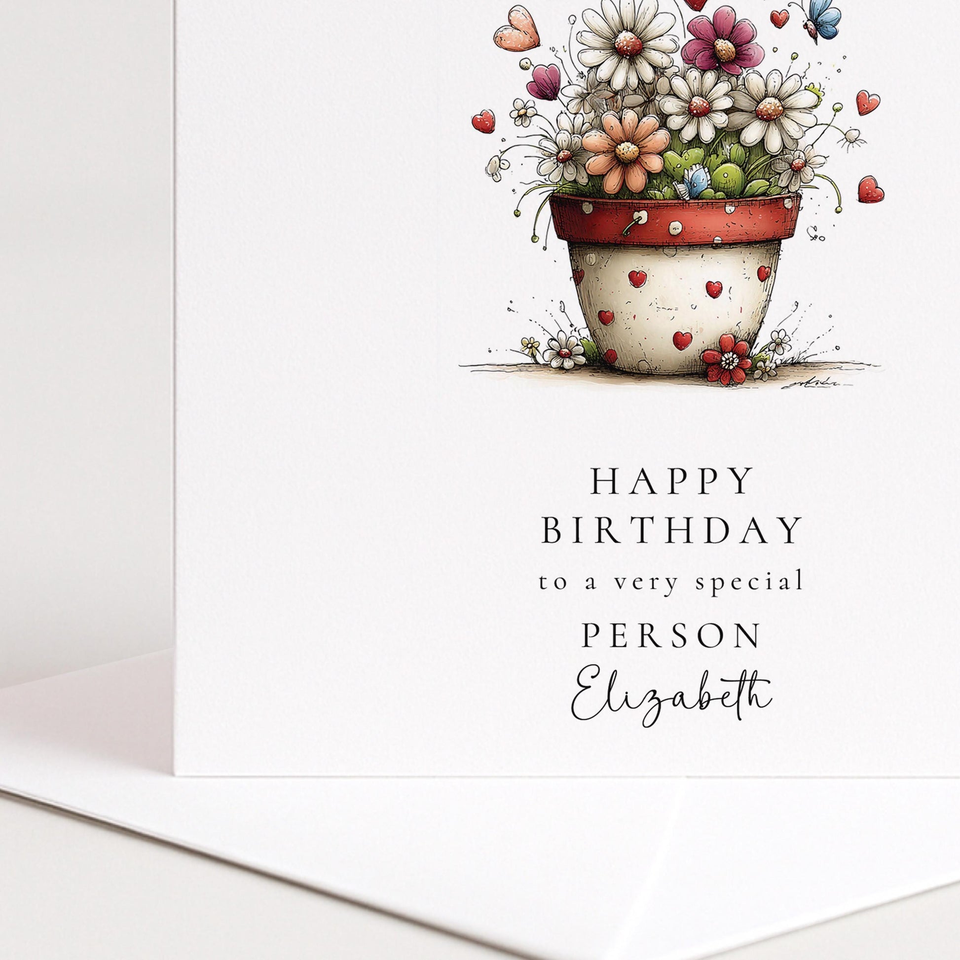 Floral Birthday Card - Personalised Elegant Flower Pot Card With Heart Detail