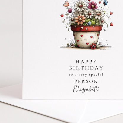 Floral Birthday Card - Personalised Elegant Flower Pot Card With Heart Detail