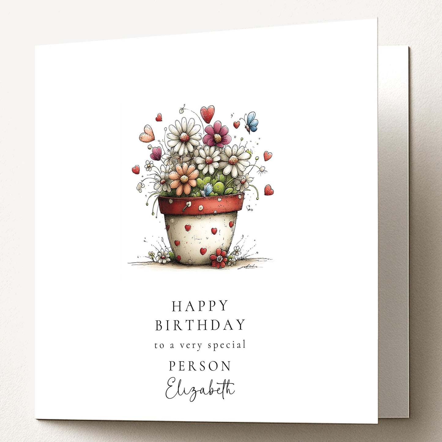 Floral Birthday Card - Personalised Elegant Flower Pot Card With Heart Detail
