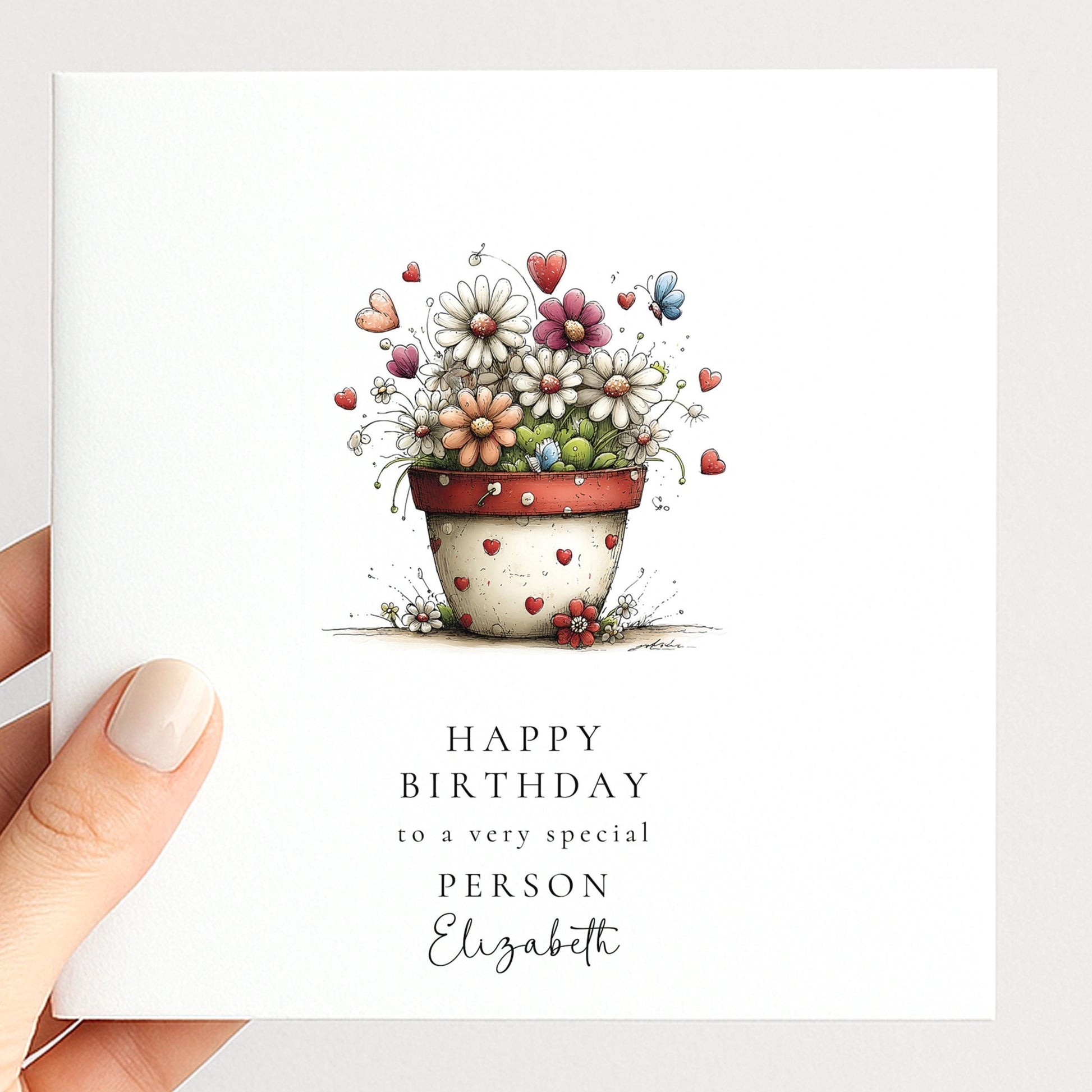 Floral Birthday Card - Personalised Elegant Flower Pot Card With Heart Detail