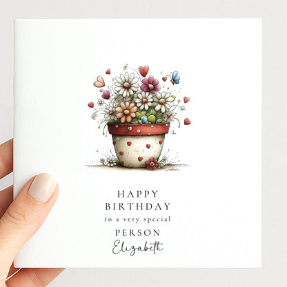 Floral Birthday Card - Personalised Elegant Flower Pot Card With Heart Detail