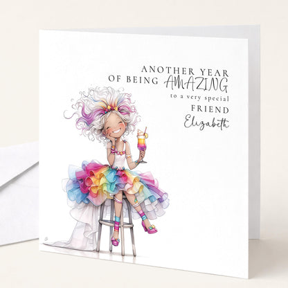 Funny Birthday Card - Colourful Personalised Card For Friend With Joyful Wishes
