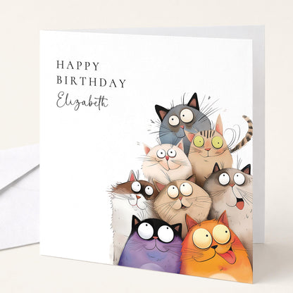 Funny Cat Birthday Card – Personalised Cute Cat Lover Card With Wide Eyed Cats Illustration