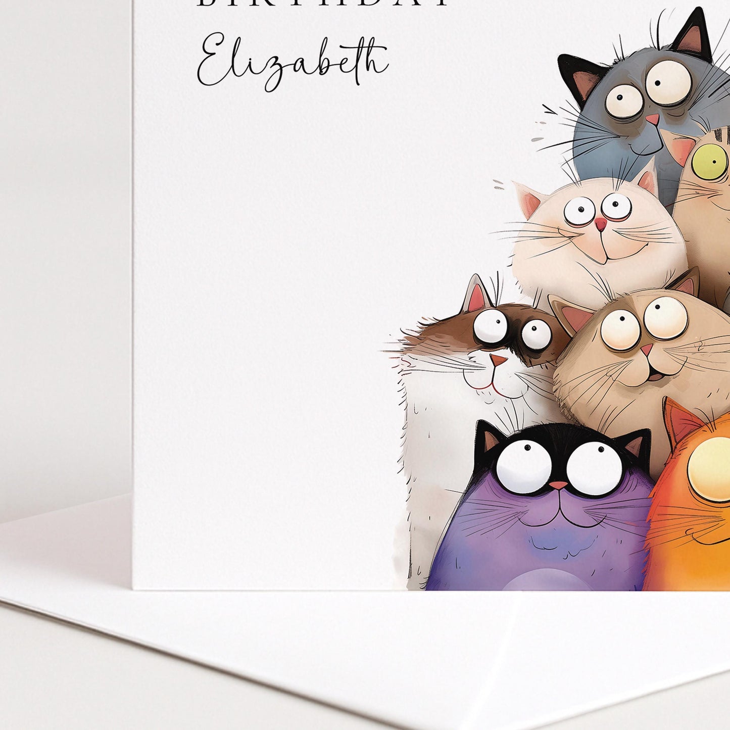 Funny Cat Birthday Card – Personalised Cute Cat Lover Card With Wide Eyed Cats Illustration