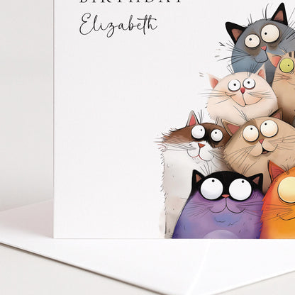 Funny Cat Birthday Card – Personalised Cute Cat Lover Card With Wide Eyed Cats Illustration