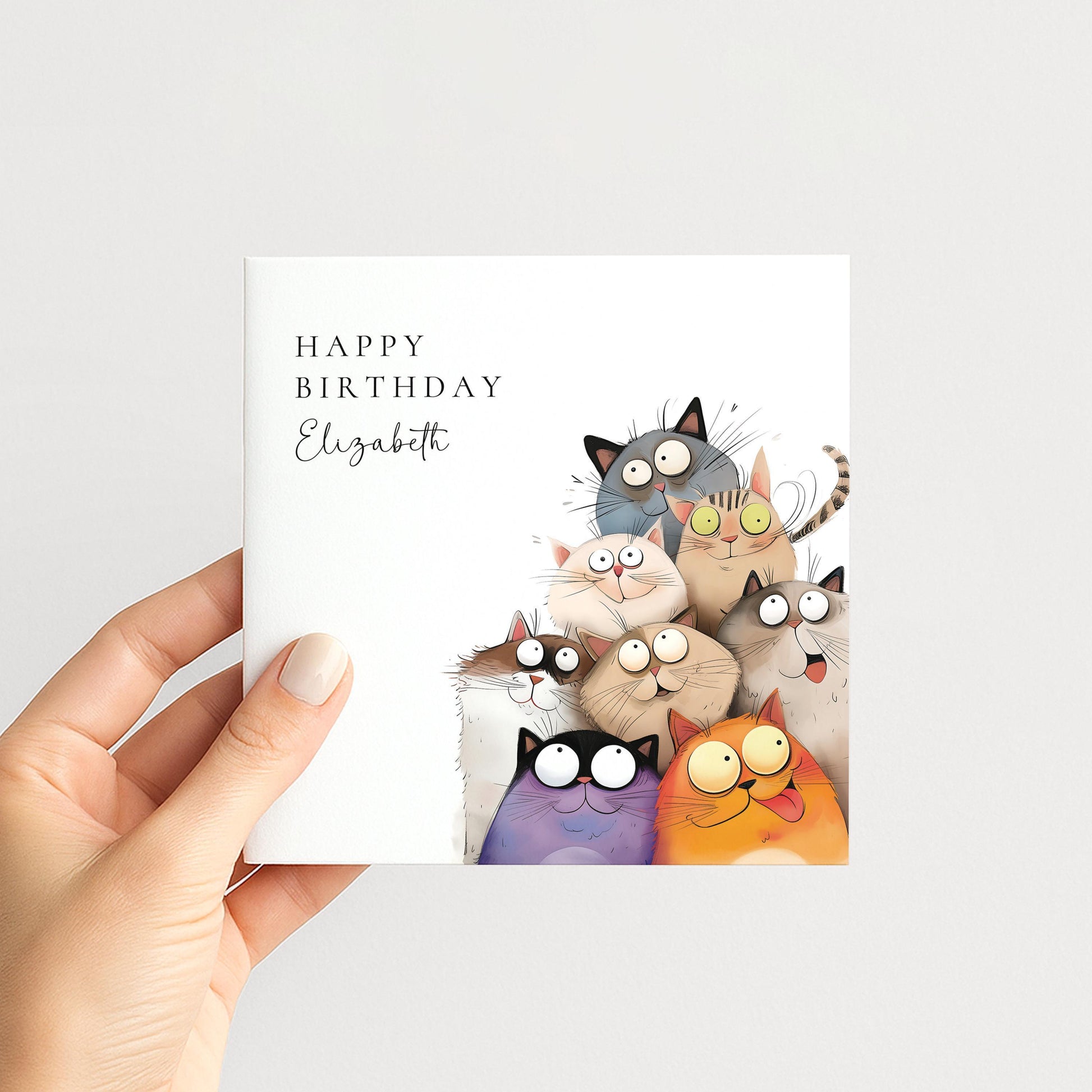 Funny Cat Birthday Card – Personalised Cute Cat Lover Card With Wide Eyed Cats Illustration