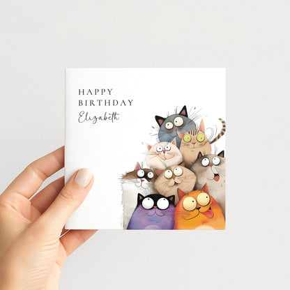 Funny Cat Birthday Card – Personalised Cute Cat Lover Card With Wide Eyed Cats Illustration