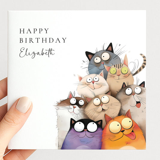 Funny Cat Birthday Card – Personalised Cute Cat Lover Card With Wide Eyed Cats Illustration