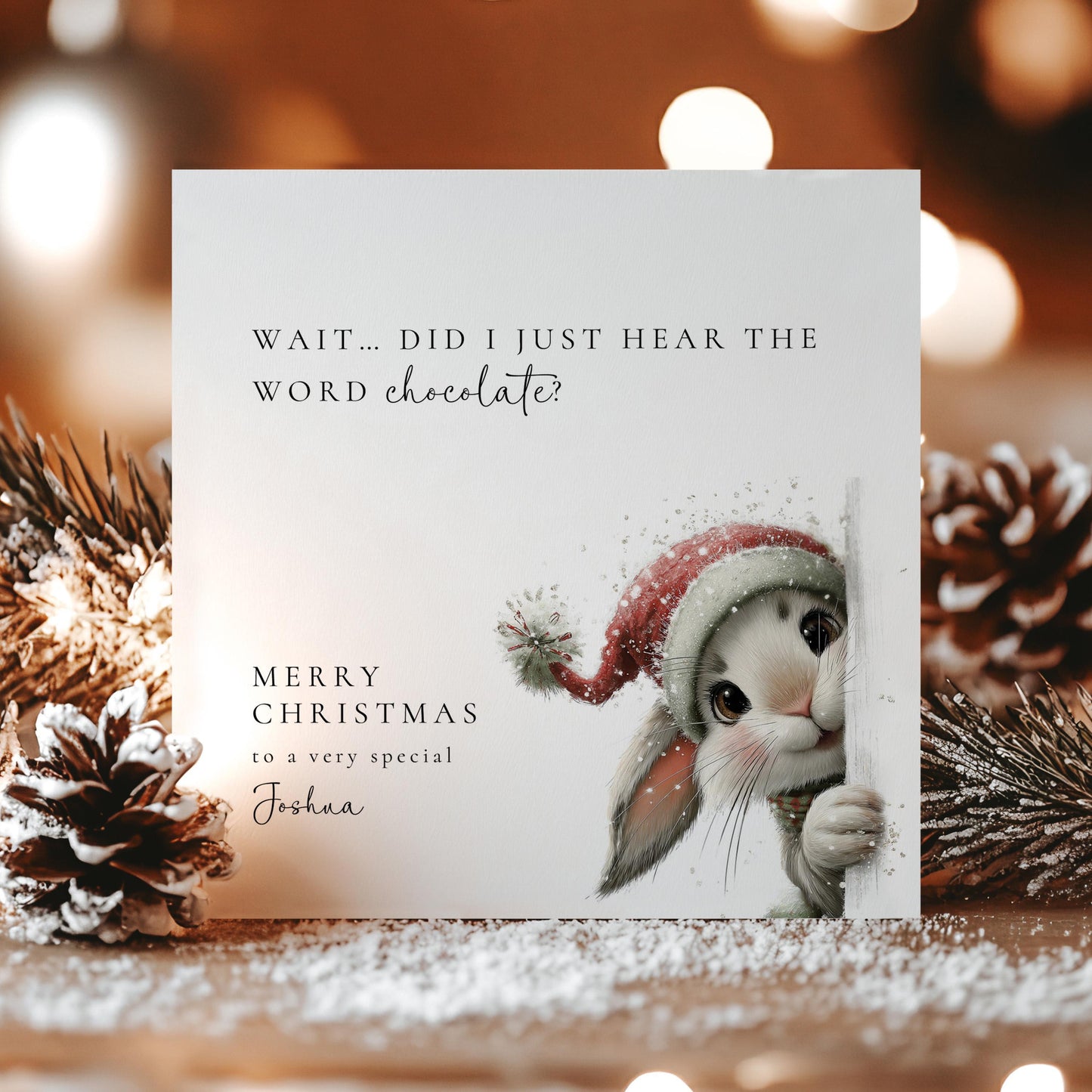 Funny Christmas Card – Personalised Chocolate Lover Card with Cute Bunny Design